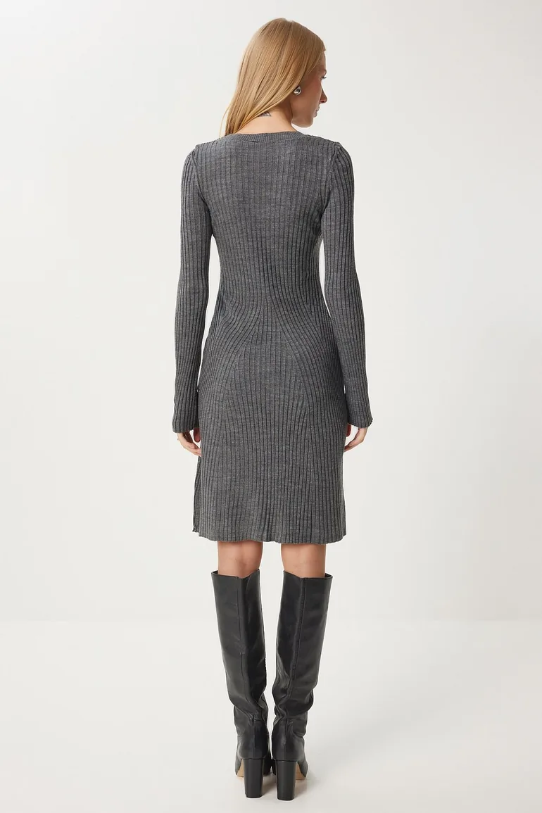 Women's Gray Crew Neck Ribbed Knit Dress - 5