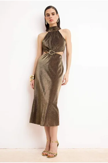 فستان ترينديول ذهبي ميدي بقصة مستقيمة بياقة هالتر