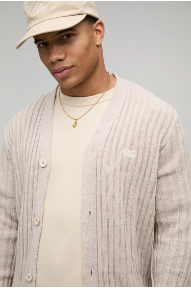 MAN Boxy Floral Varsity Embroidered Jacquard Knitted Cardigan - ecru