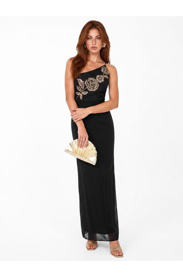Maya Black Embellished Strappy One Shoulder Maxi Dress