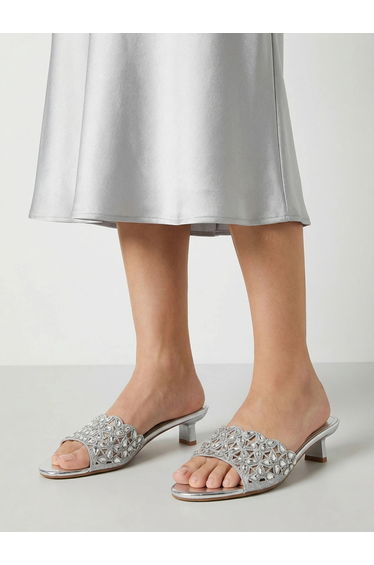 Silver Embellished Low Heel Sandals