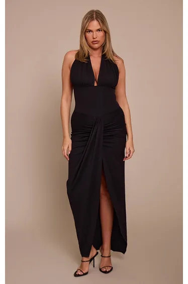 Shape Black Sculpt Plunge Front Drape Maxi Dress