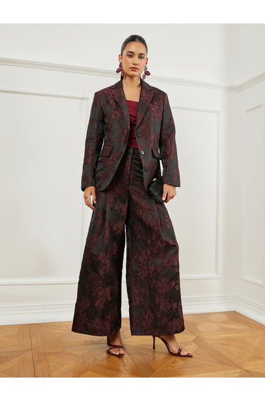 Burgundy Jacquard Double Breasted Blazer