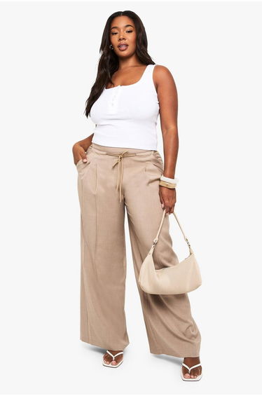 Plus Woven Drawstring Pleated Wide Leg Trouser - taupe