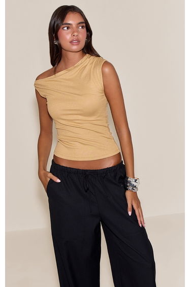 Stone Soft Rib Asymmetric Drape Detail Sleeveless Top