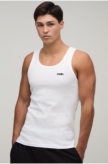 Muscle Fit Man Dot Embroidered Ribbed Vest - white