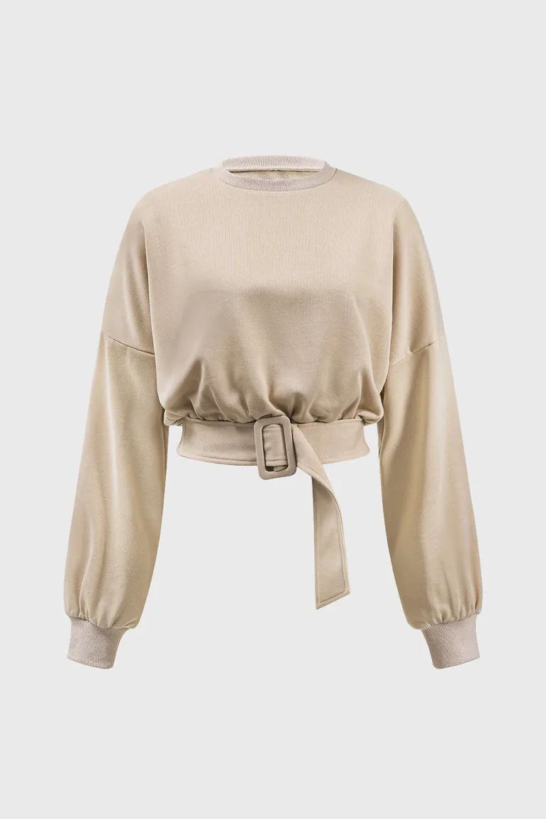 Round Neck Belted Long Sleeve Sweatshirt