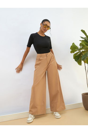 Women Beige Twill Wide Leg Pants