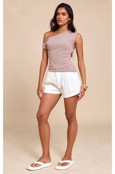Mocha Lightweight Woven Asymmetric Tie Back Long Top