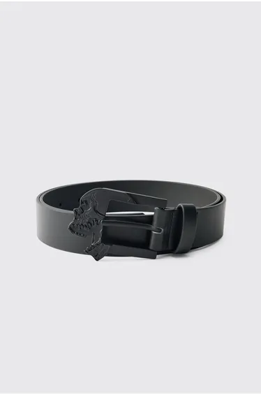 Skull Buckle PU Belt - black