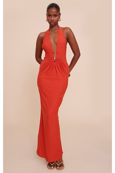 Rust Double Layer Soft Touch Trim Detail Maxi Dress