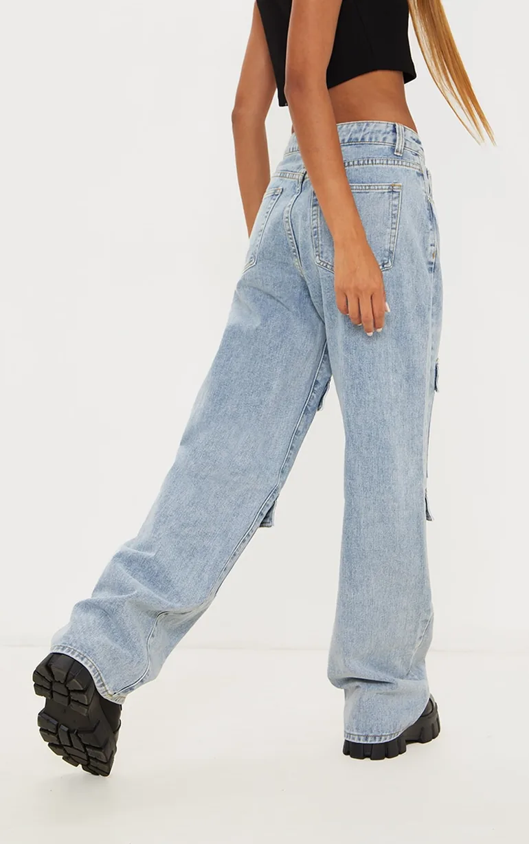 Light Blue Wash Cargo Front Pocket Baggy Boyfriend Jeans - 2