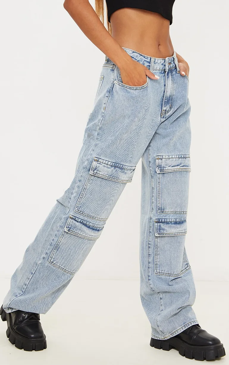 Light Blue Wash Cargo Front Pocket Baggy Boyfriend Jeans - 1