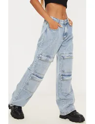 Light Blue Wash Cargo Front Pocket Baggy Boyfriend Jeans - 1