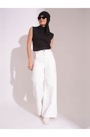 White Cotton High Rise Wide Leg Jeans