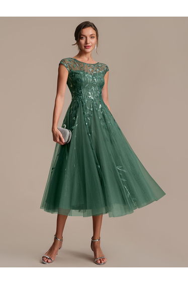 See-through Sequin Cap Sleeve Wedding Guest Dress