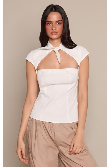 White High Neck Cut Out Detail Tie Front Top