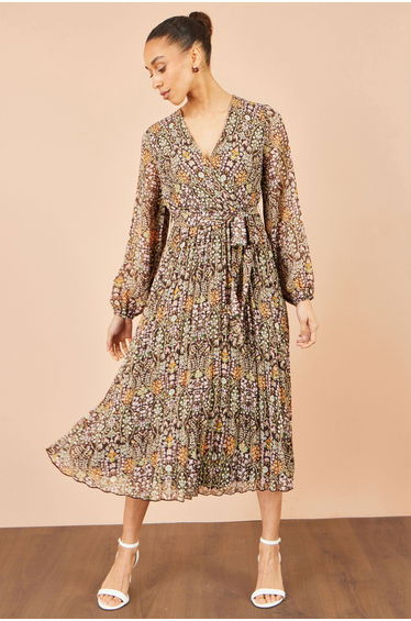 Yumi Brown Ditsy Floral Pleated Midi Dress