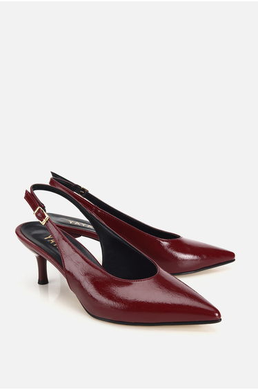 Women's Burgundy Pointed Toe Wrinkled Patent Leather Open Back Mid-Heeled Shoes