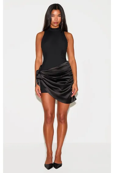 Black Woven High Neck Satin Drape Mini Dress