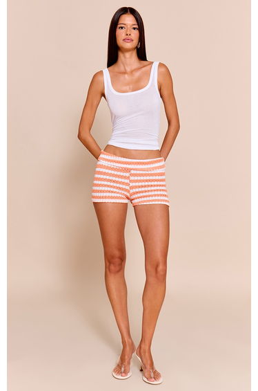 Peach Striped Textured Jersey Fold Over Shorts