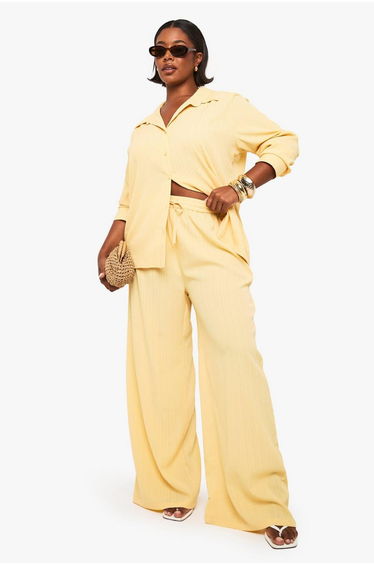 Plus Textured Crinkle Wide Leg Trouser - lemon