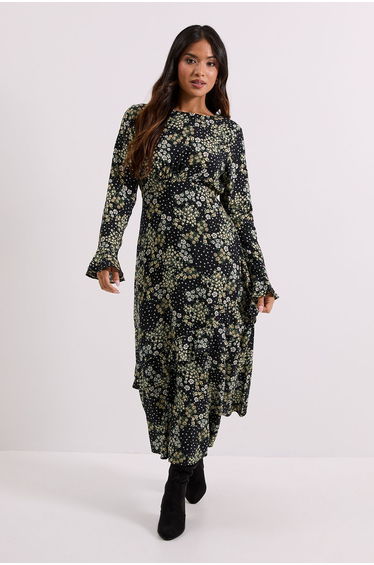 Petite Frill Sleeve Ruffle Detail Printed Dress