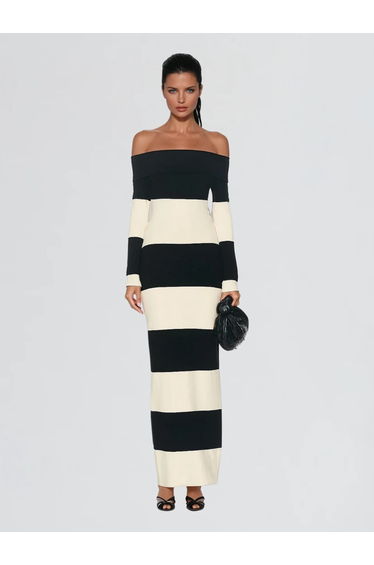 Katzent Off Shoulder Stripe Knit Maxi Dress