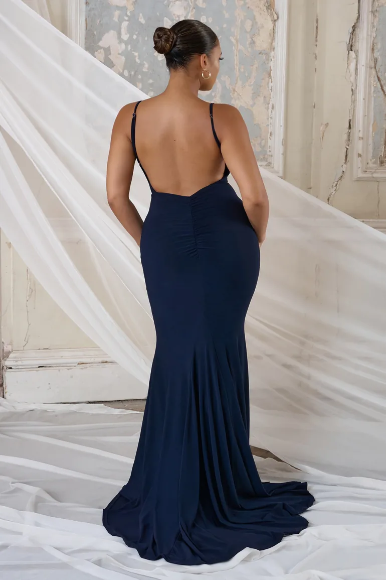 Irreplaceable |  Bridesmaid Navy Backless Bum Ruched Fishtail Maxi Dress - 1