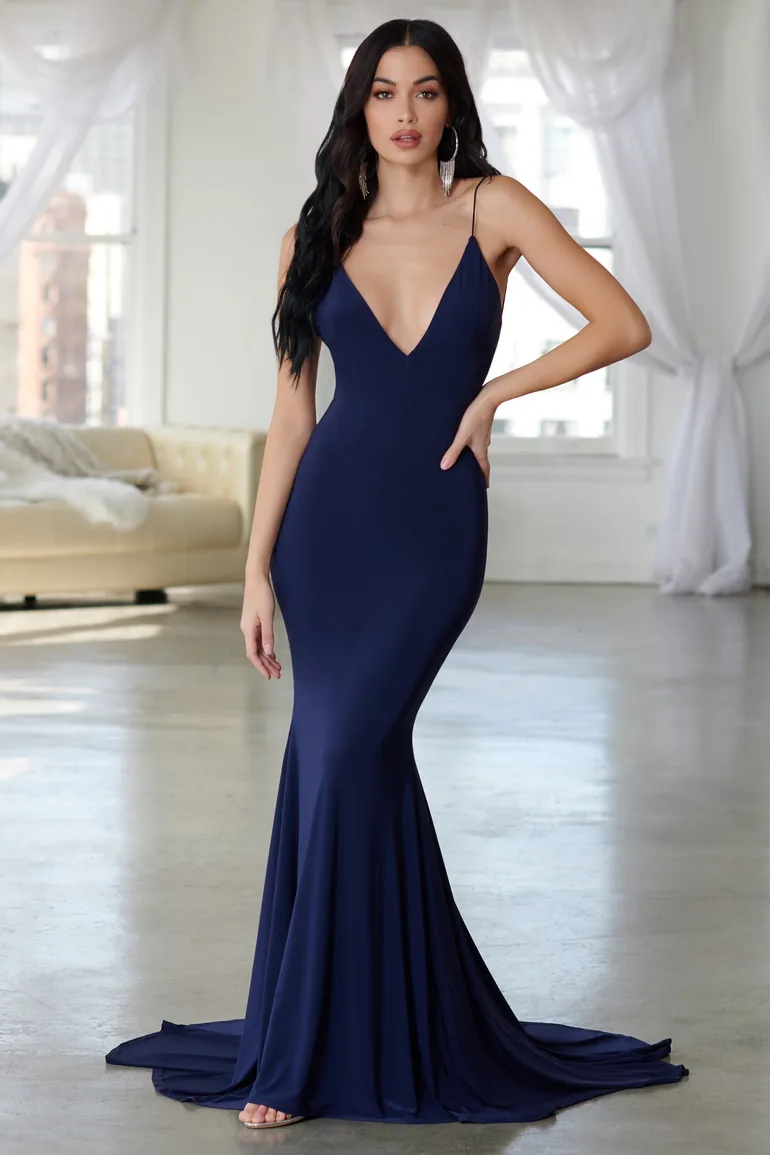 Irreplaceable |  Bridesmaid Navy Backless Bum Ruched Fishtail Maxi Dress - 4