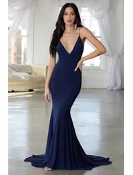 Irreplaceable |  Bridesmaid Navy Backless Bum Ruched Fishtail Maxi Dress - 4