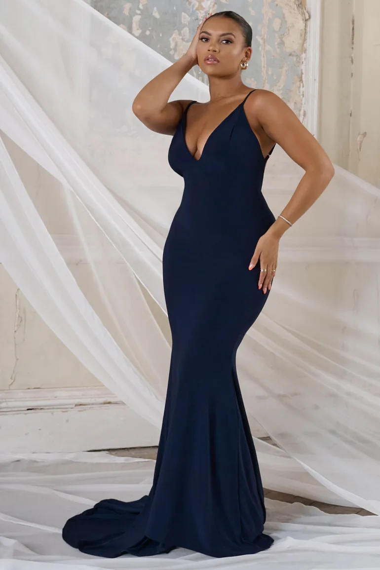 Irreplaceable |  Bridesmaid Navy Backless Bum Ruched Fishtail Maxi Dress