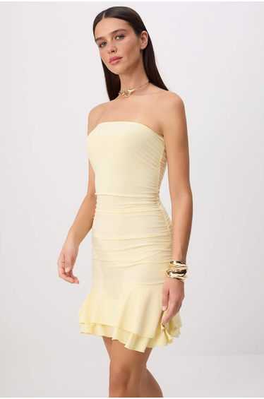 Yellow Strapless Layered Woven Short / Mini Party Sandy Dress