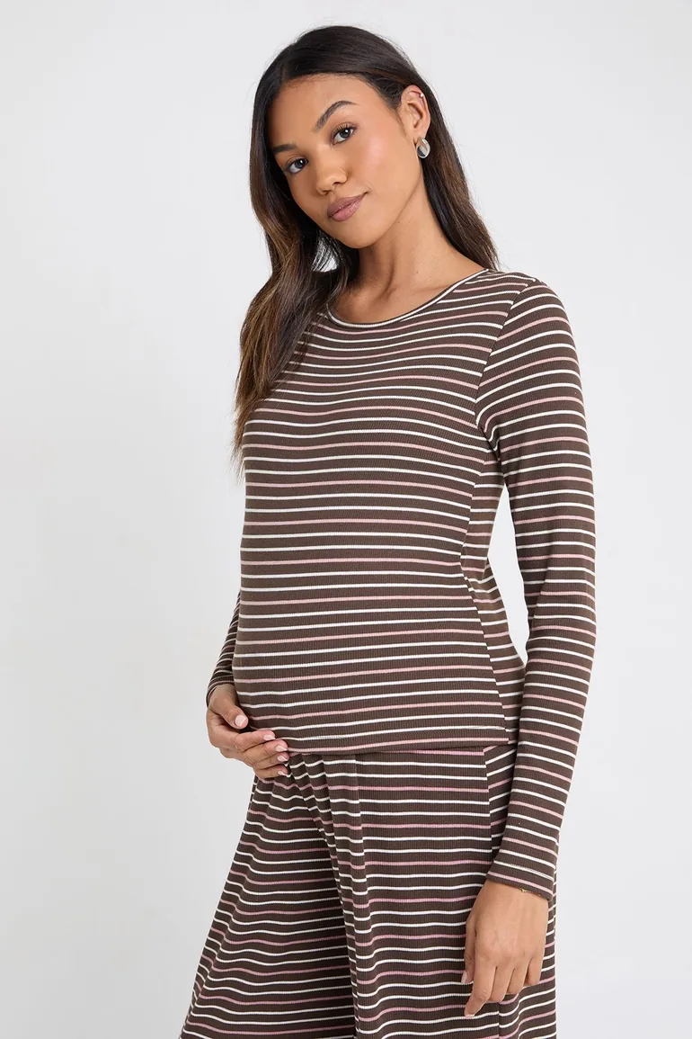 Maternity Stripe Rib Long Sleeve Top - chocolate