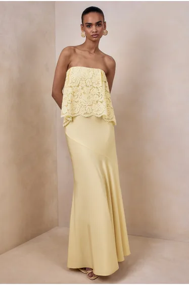 Clemency | Lemon Lace And Satin Bandeau Maxi Dress