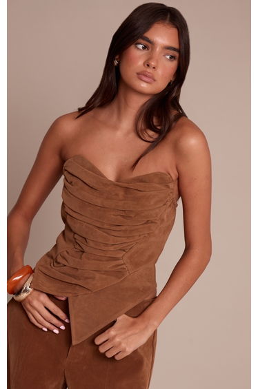 Camel Faux Suede Asymmetric Pointed Hem Corset