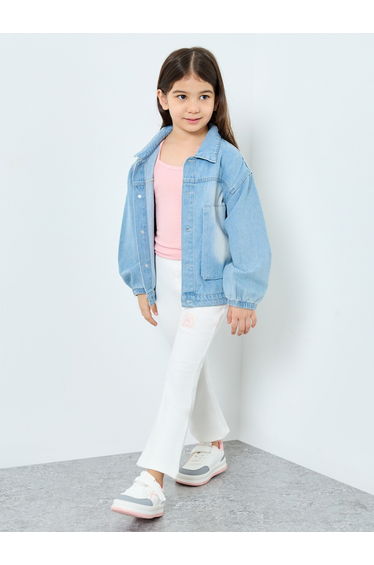 Girls White Ribbed Flared Leggings with Badge