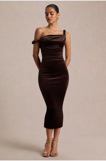 Carella | Brown Velvet Twisted Asymmetric Dress