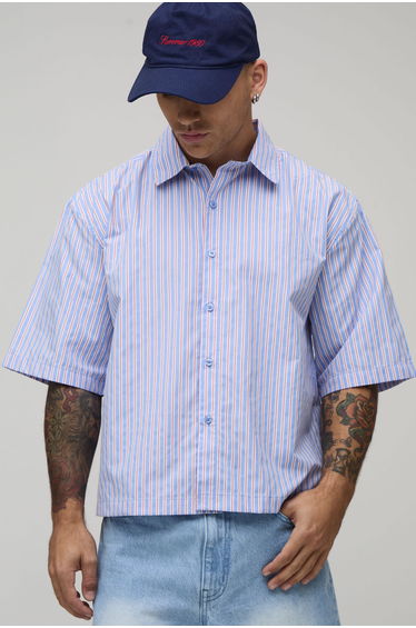 Oversized Boxy Half Sleeve Multi Stripe Shirt - blue