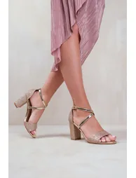 RUTH WIDE FIT HIGH BLOCK HEEL SANDALS WITH CROSS OVER ANKLE STRAP IN GOLD GLITTER