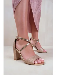 RUTH WIDE FIT HIGH BLOCK HEEL SANDALS WITH CROSS OVER ANKLE STRAP IN GOLD GLITTER - 1