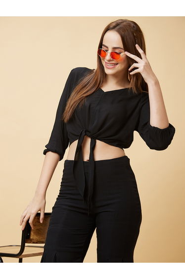 Black Casual Crop Top and Flared Pants Co-Ords