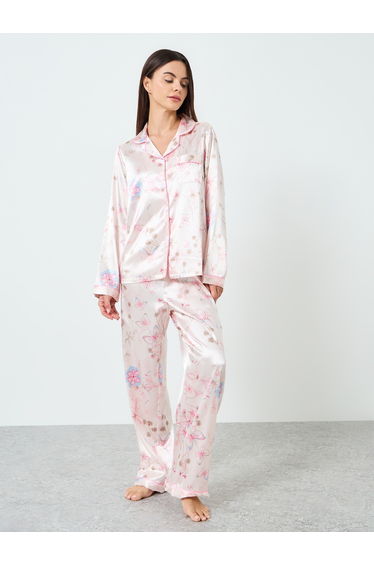 Women Satin Floral Printed Shirt and Pyjama Set