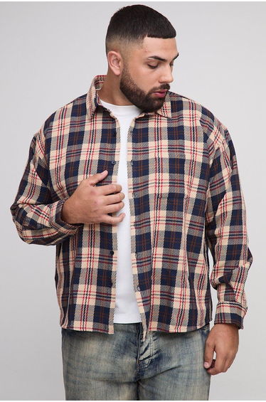 Plus Club De Ski Embroidered Ribbed Check Overshirt - tan