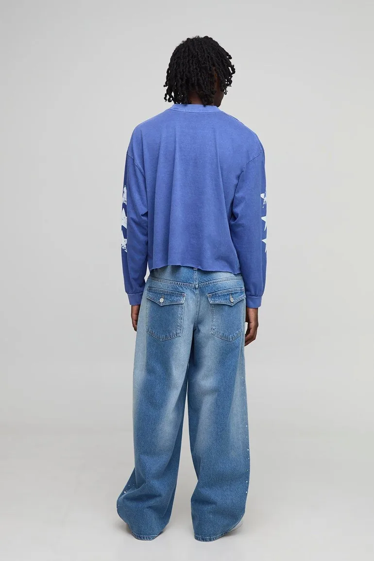 Oversized Shrunken Boxy Dallas Star Raw Hem Long Sleeve Washed T-Shirt - navy - 1