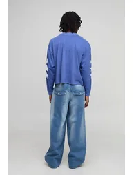 Oversized Shrunken Boxy Dallas Star Raw Hem Long Sleeve Washed T-Shirt - navy - 1