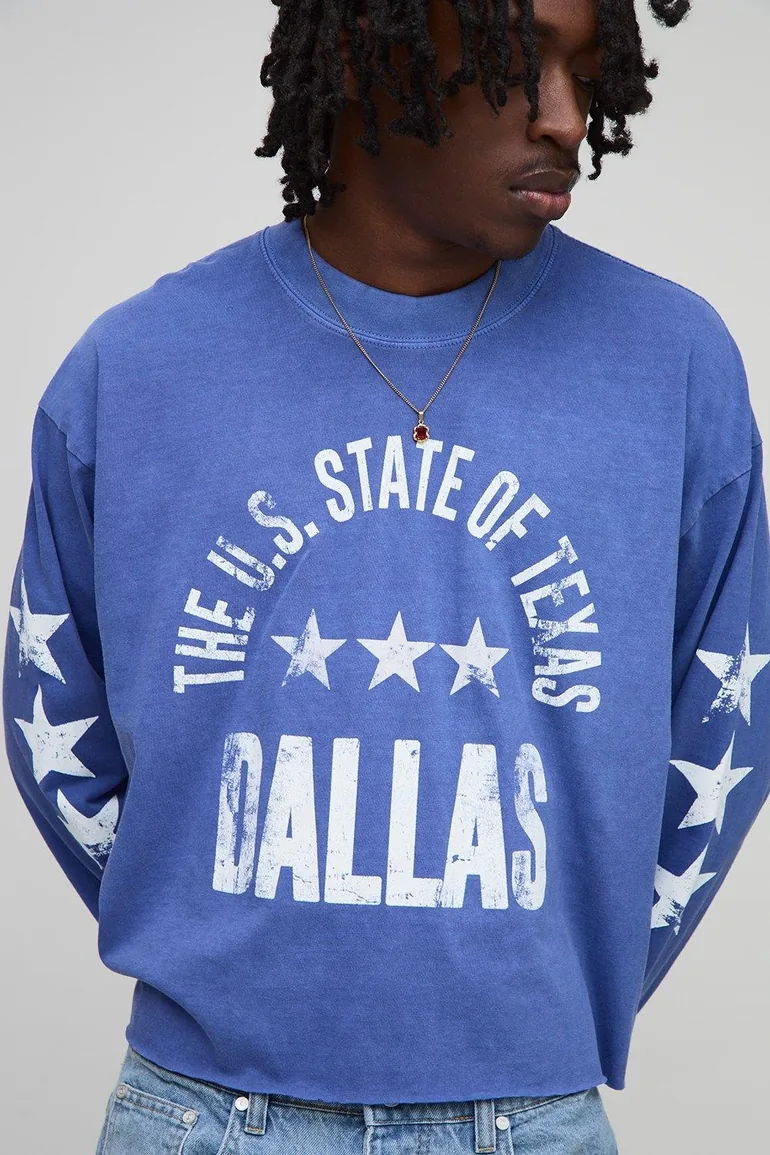 Oversized Shrunken Boxy Dallas Star Raw Hem Long Sleeve Washed T-Shirt - navy - 2