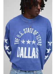 Oversized Shrunken Boxy Dallas Star Raw Hem Long Sleeve Washed T-Shirt - navy - 2