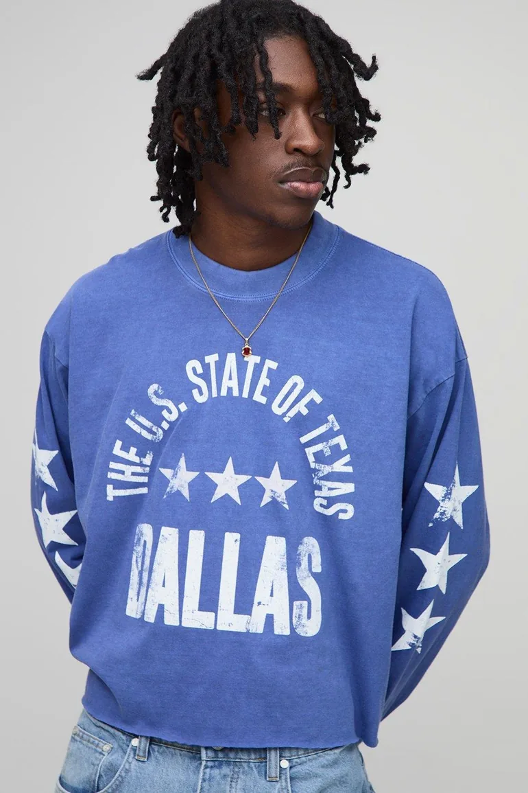 Oversized Shrunken Boxy Dallas Star Raw Hem Long Sleeve Washed T-Shirt - navy