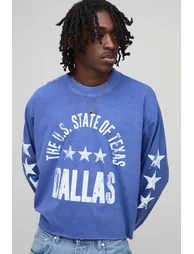 Oversized Shrunken Boxy Dallas Star Raw Hem Long Sleeve Washed T-Shirt - navy